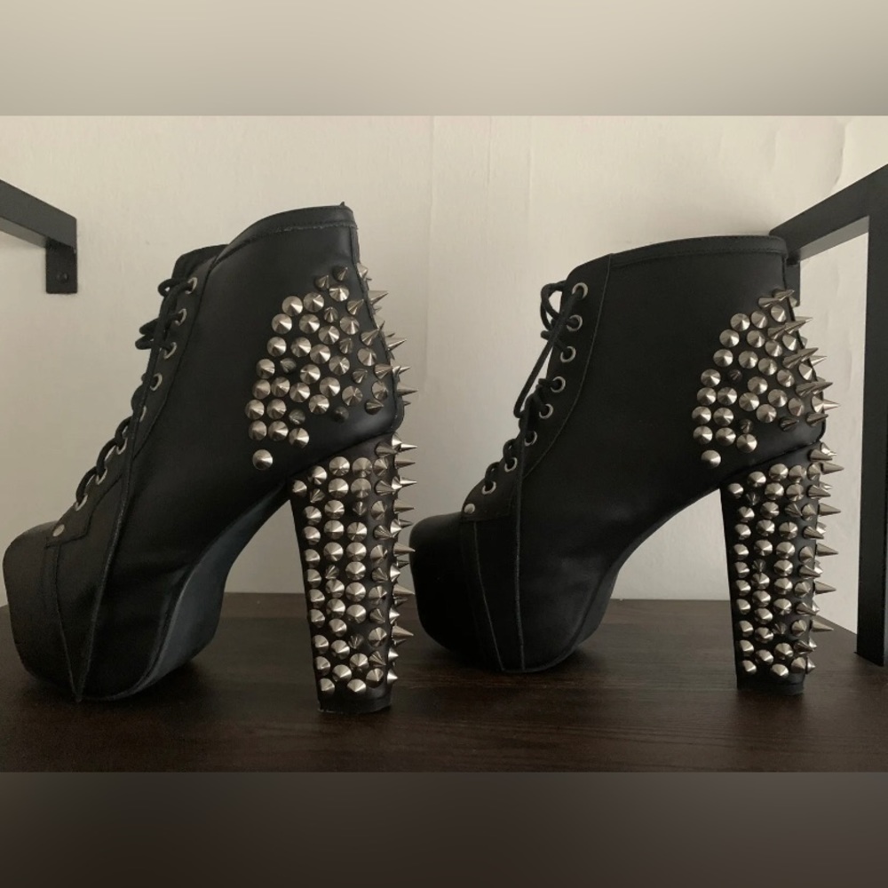 Jeffrey Campbell Spike Lita High Heel Black Faux Leather Platform Boots Size 7